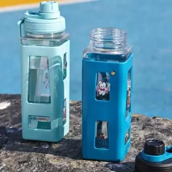 600 мл квадратные бутылки для воды милый мультяшный узор пластиковый спортивный стакан для воды с соломинкой для взрослых и детей домашняя дорожная посуда для питья инструменты 600ML синий