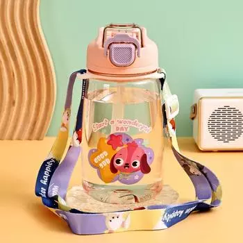 600 мл Мультяшные Детские Бутылки для Воды Пластиковый Стакан для Воды с Ремешками Герметичные Чашки-Соломинки Уличная Детская Бутылка для Питья Посуда для Напитков 600ML
