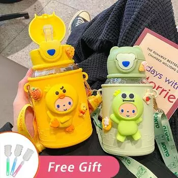 600 мл стакан с трубочкой Kawaii Kids мультфильм пластиковая кружка летняя спортивная кружка для напитков бесплатная доставка товары милая бутылка для воды для девочек without sticker жёлтый