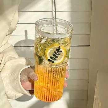 600 мл стеклянная чашка в полоску, прозрачные стаканы с крышкой и соломинкой, стаканы для питья, кофейная кружка, сок, молоко, чай, чашки для воды, посуда для напитков 600ML