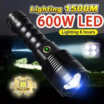 600 Вт светодиодный фонарик высокой мощности с дальним светом 1500 м, фонарик с зумом, перезаряжаемый фонарь с широким диапазоном действия A-Flashlight