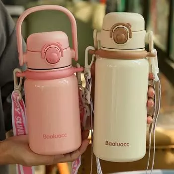 600ml/800ml Stainless Steel 316 Vacuum Flask With Straw Portable Fashion Cute Thermso Mug With Strap Adult Student Tumbler 600ml чёрный