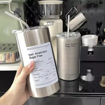 600ml Coffee Cup Stainless Steel Thermal Water Bottle with Straw Ice American Coffee Mug Double-layer Vacuum Flask Cup 501-600ml