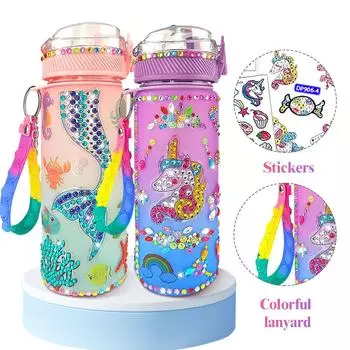 600ml Diamond Stickers Bottle with Glitter Diamond Portable Water Bottle DIY Cartoon Water Kettle Diamond Painting Crafts розовый