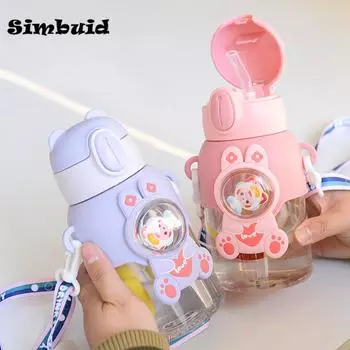 600ML Kawaii Cartoon Summer Children s Water Bottle with Straw Fall-proof Cup Boys and Girls School Kids Kettle Children s Day 600ML розовый