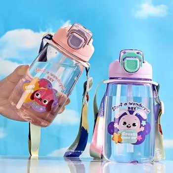 600ml Kids Healthy Plastic Water Bottle With Strap BPA Free Leak-Proof Durable Unbreakable Cartoon Drinking Bottle With Straw 600ml зелёный