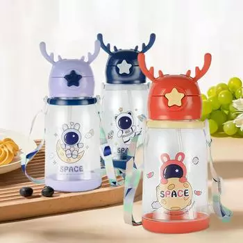 600ml large capacity backpack water cup, cartoon antler shape girls student portable straw cup, sealed leak-proof water glass