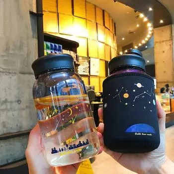 600ML Starry Sky Gradient Glass Water Bottle With Protective Bag Cute Fashion Leak Proof Water Cup for Girls Sport Drink Bottles 600ml