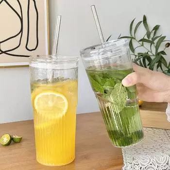 600ML Stripe Glass Cup With Lid and Straw Transparent Ice American Coffee Cup Summer Ice Drinking Cup Bubble Tea Cup Juice Glass 600ml чистый