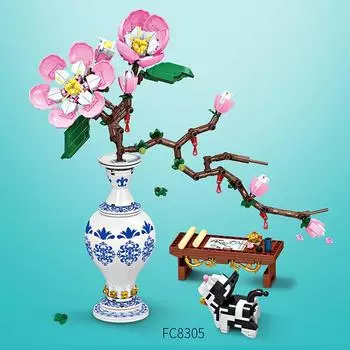 609 шт. цветочные строительные блоки, цветы персика, растения, синий и белый фарфоровый бонсай, модель «сделай сам», украшение дома, детская игрушка в подарок