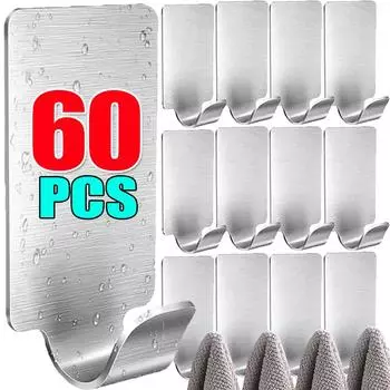 60/1 шт. Мини-самоклеящиеся крючки из нержавеющей стали, маленькие настенные крючки для вешалок, органайзеры для ванной комнаты, вешалки для полотенец, многоцелевые кухонные крючки Single hook-10pcs