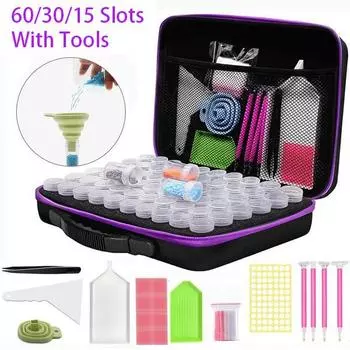60/30/15 слотов Контейнеры для хранения алмазной живописи Противоударные банки Инструменты для алмазной живописи Контейнер Сумка для ювелирных изделий Бусы Кольца Подвески Блеск 15slots without tools