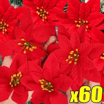 60/5PCS Red Christmas Flowers with Clips Artificial Large Christmas Flower Floral Xmas Tree Ornament New Year Party Decoration 5PCS