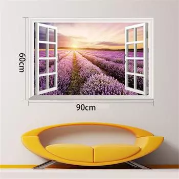60*90 см 3D поддельные наклейки на окна с пейзажем, морские цветы, лаванда, морской подсолнух, настенная живопись для гостиной, спальни, съемная настенная наклейка, декор для дома 60*90cm