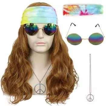 60-е 70-е годы Хиппи Вудсток Косплей Синтетические волосы Длинные коричневые костюмы хиппи Комплект парик + солнцезащитные очки + ожерелье + шапочка для парика 22inches коричневый