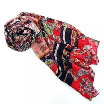 60 Хлопок цветочные полосы сращивание шелкография шарф, этнический стиль весна и лето тонкий тканый женский, шаль 180m красный