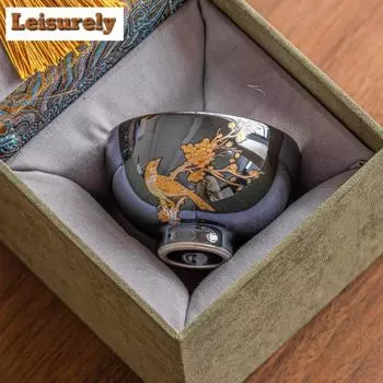 60 мл стекируемый золотой цветок и птица керамическая чашка для медитации позолоченное серебро 999 пробы маленькая одинарная чашка Master Cup чайный сервиз кунг-фу