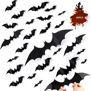 60 шт. 3D-украшение летучих мышей на Хэллоуин, большой декор для стен с летучими мышами на Хэллоуин, реалистичная наклейка из ПВХ со страшной черной летучей мышью для украшения дома
