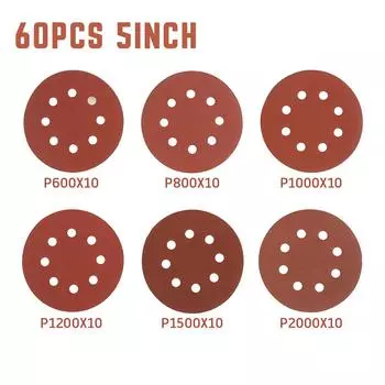 60 шт. 5-дюймовые 8-отверстийные наждачные диски круглой формы для орбитальной шлифовальной машины зернистостью 60-2000 абразивные листы