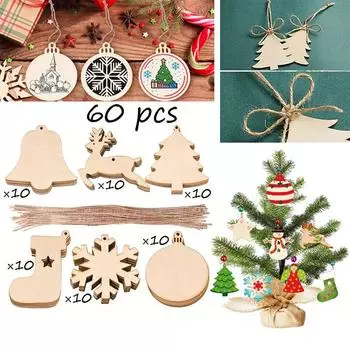 60 шт. Деревянные подвески для рождественской елки, незаконченные пустые деревянные подвески, украшения с пеньковой веревкой, самодельный декор для рукоделия, домашний декор