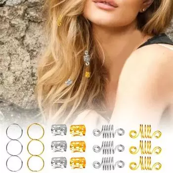 60 шт. косичек, манжеты, кольца, блестящие накладные волосы, головной убор против выпадения, антикоррозийные серебряные, золотистые, дреды, бусины, регулируемые манжеты для повседневной носки 60pcs