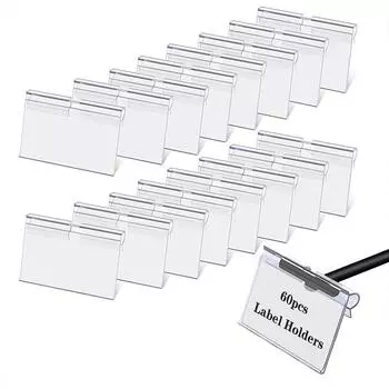 60 шт., прозрачные пластиковые зажимы для этикеток для мусорных контейнеров, идеально подходящие для проволочных полок, корзин, тканевых кубиков для хранения, шкафов для хранения, тканевых контейнеров, кладовой для еды (6х4,2 см) 60pcs