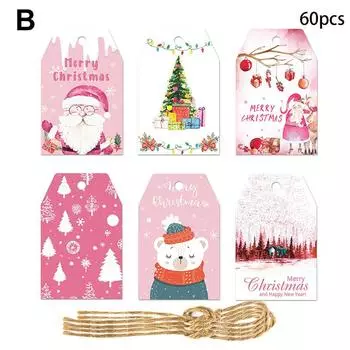 60 шт. рождественских подарочных бирок с веревкой, бумажные бирки с рождественским рисунком, этикетки для рождественской елки, открытки для рождественской вечеринки, детский подарок
