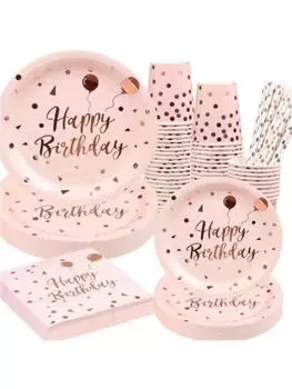 60 шт. розово-золотых тарелок и салфеток для дня рождения, праздничные принадлежности для 10 гостей, розово-белые принадлежности для украшения дня рождения в розово-золотых тонах белый