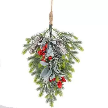 60 см Половина елки Рождественские украшения ПЭ смешанные красные фрукты ротанговый венок Святая дверь подвесной ротанговый флокированный липкие белые сосновые шишки 60x30cm