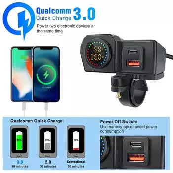 60 Вт двойной USB-разъем для руля мотоцикла и зеркала заднего вида QC3.0+PD быстрое зарядное устройство для телефона адаптер питания цифровой вольтметр термометр