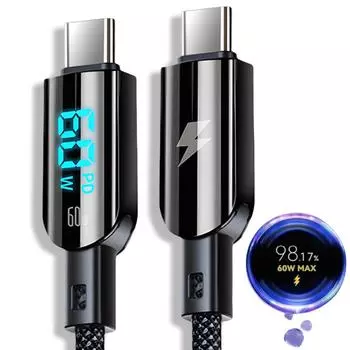 60 Вт кабель для быстрой зарядки типа C со светодиодным цифровым дисплеем, зарядный шнур USB C для iPhone 15 Pro Max, Samsung, Xiaomi, PD, линия передачи данных