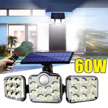 60 Вт солнечная лампа уличный прожектор охранная лампа с дистанционным управлением солнечный свет настенный светильник водонепроницаемые прожекторы датчик движения 3 головки уличные фонари Integrated type-30W