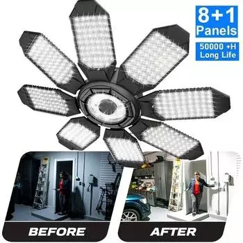 60 Вт светодиодные светильники для гаража, 6/8 панелей, деформируемый потолочный светильник, регулируемая светодиодная лампа для гаража, мастерской, хранения, складского освещения 50W-6 leaves