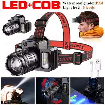 60 Вт T-51 USB перезаряжаемый налобный фонарь светодиодный COB супер яркий налобный фонарь с датчиком движения зумируемый лобный фонарь для кемпинга на открытом воздухе 20W