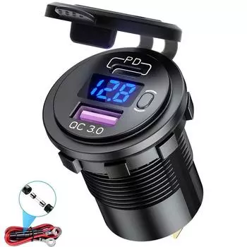 60 Вт Usb Type C Автомобильное зарядное устройство USB для мотоцикла 12 В/24 В Двойная розетка USB Pd3.0 и qc3.0 Разъем для быстрой зарядки со светодиодным вольтметром и переключателем with Wire