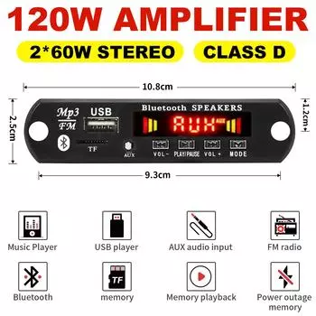 60 Вт усилитель Bluetooth 5,0 DIY MP3 WAV декодер плата DC 12 В беспроводной автомобильный USB MP3-плеер слот для TF-карты USB FM с микрофоном