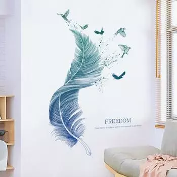 60 x 90 см. Украшения для дома. Синие наклейки на стену в виде перьев для гостиной, спальни, фоновое украшение на стену. Самоклеящаяся наклейка.