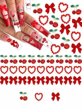 60Pcs Bow Nail Charms Red Acrylic Flatback Heart Nails Decoration Alloy Cherry Charms For Nails Gems And Rhinestones DIY For Women Manicure