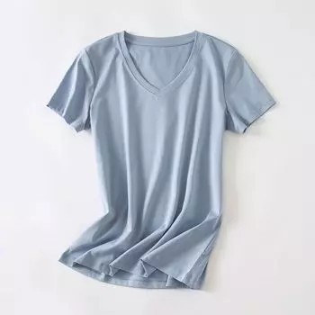 60S Liquid Ammonia T-shirt Spring and Summer Pure Cotton Base Shirt Short Sleeve Haze blue v-neck 2XL(Below 70.00kg)