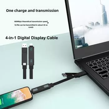 60W High Power Dual Screen 4-in-1 USB Cable USB C to USB C Cable PD 60 Watt with Digital Display for iPhone15promax Samsung чёрный