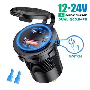 60W Quick Charge Car Charger QC3.0 USB+PD Type C Port Charger Socket with ON/Off Switch Voltmeter Auto Power Adapter for 12V/24V Vehicle