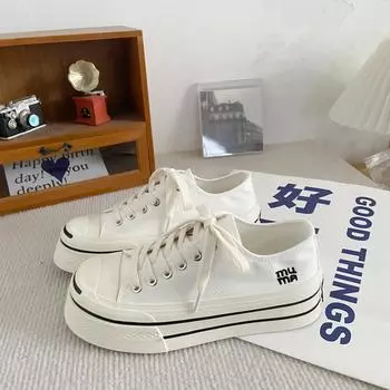 6385 open smile platform canvas shoes female leopard print 2024 new niche popular versatile white shoes heightening board shoes 35 белый