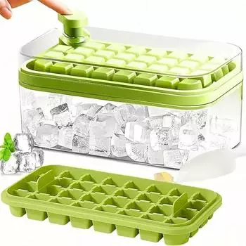 64-Pcs Ice Cube Tray Set with Lid & Bin - Easy Release, Space-Saving, For Whiskey & Cocktails - Includes Scoop, Food Grade, Free зелёный