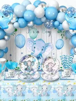 64 шт. бумажные тарелки для детского душа в форме слона, стаканчики, трубочки, наборы, украшения для детского душа на 16 порций для мальчиков и девочек, сувениры на день рождения в виде слона синий
