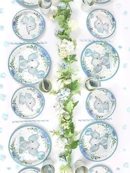 64 шт. Украшения для детского душа. Бумажные тарелки в виде слона для детского душа. Наборы стаканчиков и трубочек. На 16 порций. Для мальчиков и девочек. Подарки на день рождения в виде слона. синий