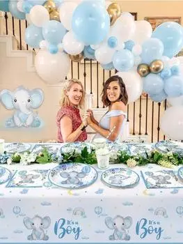 64 шт. Украшения для детского душа. Бумажные тарелки в виде слона для детского душа. Наборы стаканчиков и трубочек. На 16 порций. Для мальчиков и девочек. Подарки на день рождения в виде слона. синий