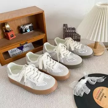 6504 new Chinese flat white shoes women s chic2024 new versatile niche German training shoes popular super fire board shoes 35 бежевый