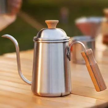 650 мл чайник для кофе с изогнутой ручкой из нержавеющей стали и деревянной ручкой, заварной вручную, чайник в японском стиле с защитой от ожогов серебряный