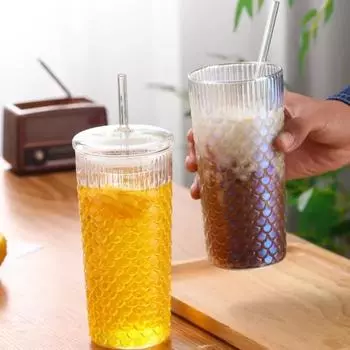 650ml Fish Scale Figure Glass Cup with Lid and Straw Transparent Glasses Mug Juice Milk Tea Iced Coffee Cup Iced Coffee Cup 301-400ml