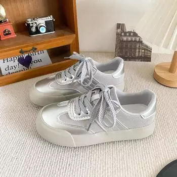 6522 latex insoles thick-soled German training shoes women s shoes summer breathable mesh round head board shoes Hong Kong style niche white shoes 35 серебряный серый